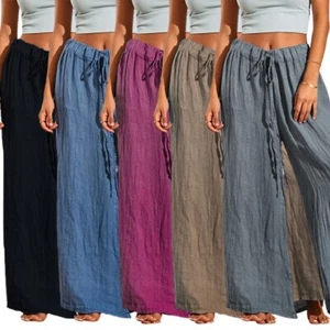 Womens Wide Leg Pants Trousers Ladies Elasticated Loose Trousers Cotton Linen - Picture 1 of 13