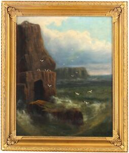Seagulls off the Coast Antique Oil Painting by Cedric Gray (fl.c.1880–1892)