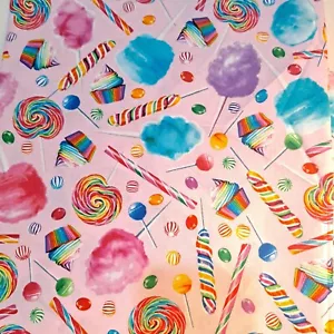Candy Store Cotton Fabric 27" X 44" Pink Cupcake Lollipop Cotton Candy - Picture 1 of 5