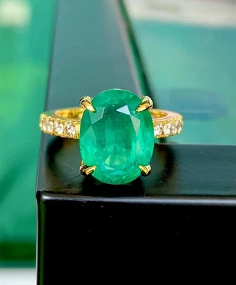 Anillo de compromiso para mujer esmeralda natural de 4 quilates corte cojín chapado en oro amarillo de 14 quilates Foto 1 de 4