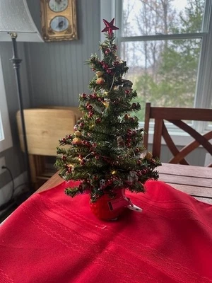 13 Inch Tabletop Artificial Christmas Tree Decorated Red Garland Resin Animals - Image 1 of 4