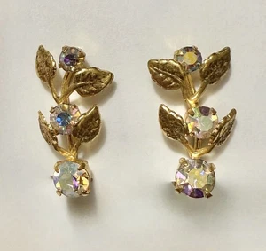 Vintage Signed Austria Gold Tone Leaf Earrings with Aurora Borealis Rhinestones - Picture 1 of 9