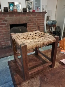 Vintage Retro Rope Rattan Hemp Small Wooden Foot Stool Woven Top 29 x 29x 29cm - Picture 1 of 8