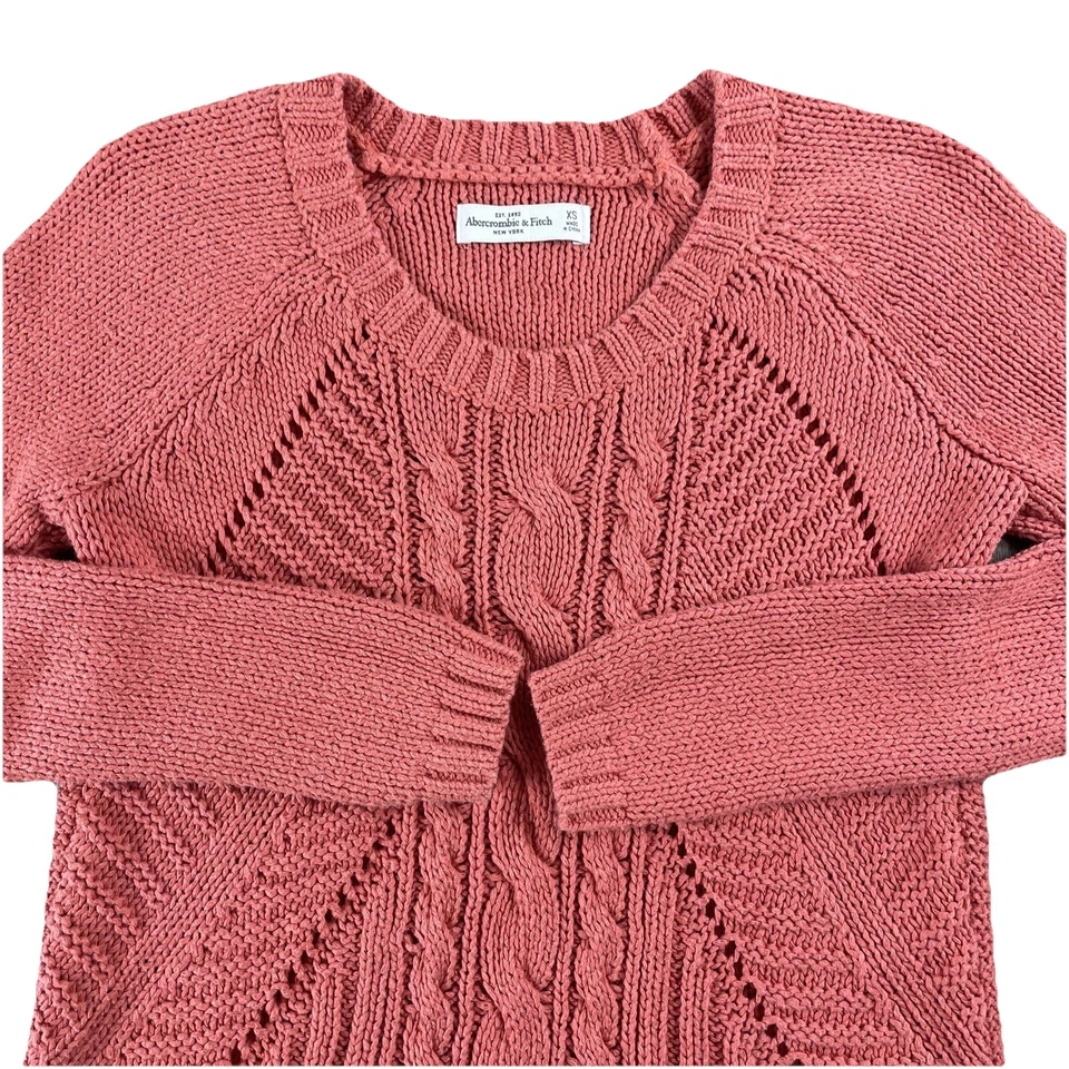 Abercrombie & Fitch Cable Knit Sweater Women’s XS Pink Cotton Crewneck Fisherman - Image 1 of 4