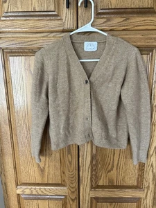 Zara Knitwear Sweater Girls 11-12Y Years Tan Camel Cotton Knit Cardigan Preppy - Picture 1 of 2