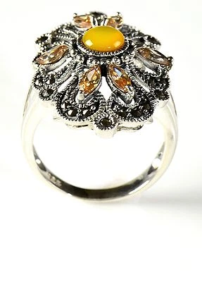 Ring 925 Silver marcasite semiprecious stones yellow pearl (PJR-1003) - Image 1 of 2