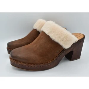 Born Womens Size 11 Hope Genuine Shearling Trim Rust Tobacco Leather Clogs Mules - Picture 1 of 11