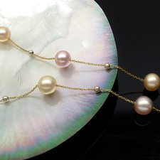 Lustrous 7-8mm Multicolor Real Freshwater Pearl Necklace 18K Yellow Gold Jewelry