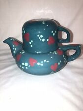 Adorable Tea For One 3 Piece Set, Teal with Pink Hearts