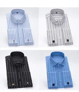 Mens Dress Shirts Luxury French Cuff Formal Business Cufflinks Strisp Shirts Top - Picture 1 of 13