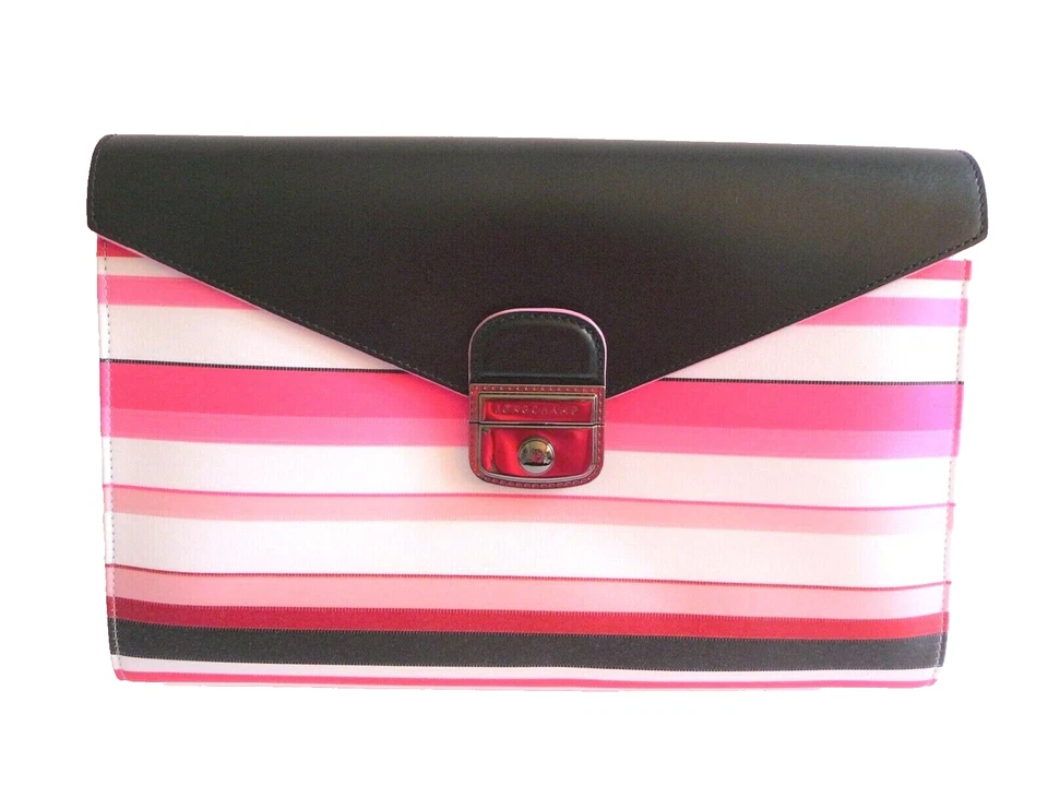 Longchamp Purse Clutch Bag Heritage Pink Black White Stripe Fabric Leather
