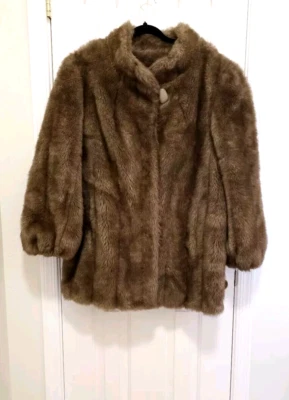 VTG USA Women 70s Faux Fur Mid Length Coat Large XL Brown Lined 1 Button Pockets - Image 1 of 4
