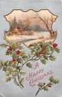 Sparkling Clear Crystals on Snow by Rural Home-Old Christmas Postcard With Holly