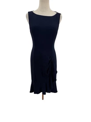 Vtg 90s Melinda Eng Silk Dark Blue Cocktail Dress Ruffle Hem Sz M Wiggle Classic - Image 1 of 4