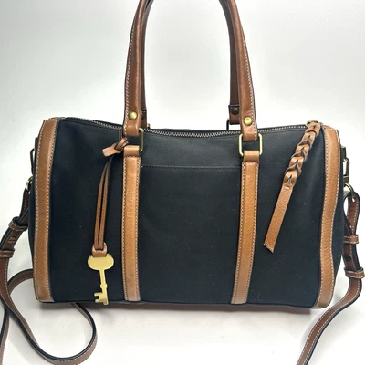 Bolso Bandolera FOSSIL Kendall Negro Lona/Cuero Borde Cartera Bolso Llavero Dije Foto 1 de 4