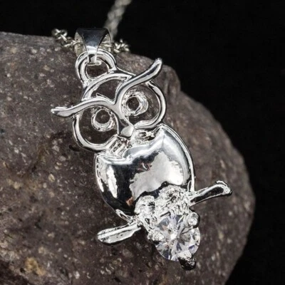 COLLANA CON PENDENTE A FORMA DI GUFO CIVETTA FORTUNA PLACC. ARGENTO 925 ZIRCONI - Immagine 1 di 3