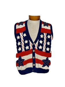 Vtg Sz M Belle Pointe Stars Stripes Sweater Vest Ramie Cotton 4th Of July - Picture 1 of 10