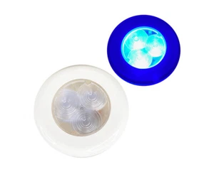 MARINE BOAT RV BUS 3 LED BLUE COLORED ROUND COURTESY LIGHT PLASTIC FLUSH/SURFACE - Picture 1 of 10