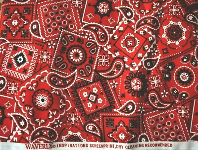 BANDANA RED BLACK WHITE PRINT WAVERLY  100% COTTON FABRIC   26X44 INCHES - Image 1 of 3