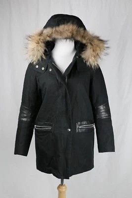Abrigo Chaqueta Sandro Negro Forrado de Piel de Mapache con Capucha Borde de Cuero Talla 2 Foto 1 de 4