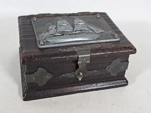 RARE! VINTAGE DARK WOOD WITH PEWTER SHIP PLAQUE & TRIM HINGED BOX 6" X 5" X 3" - Picture 1 of 12