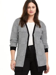 TORRID (00X) M/10 Black Plaid Houndstooth Slub Cardigan Front Pockets Rib Trim - Picture 1 of 4