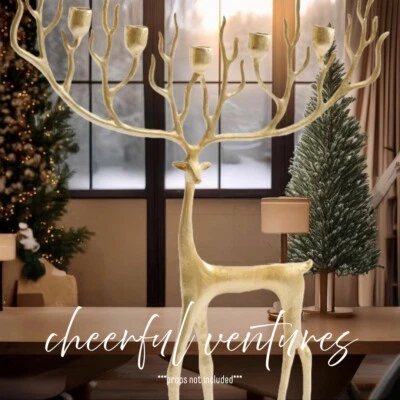 Pottery Barn Brass Merry Reindeer Candleholder Centerpiece 24.5" H - Image 1 of 4