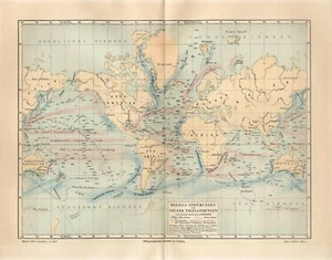 1887 WORLD OCEAN MARINE SEA CURRENTS DEEP SEA DEEP WATERS Antique Map - Picture 1 of 1
