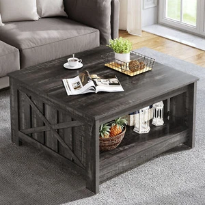 Square Coffee Table with Storage Farmhouse Wood Cocktail Table for Living Room - Picture 1 of 12