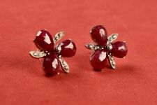 HOUTE COUTURE SIMAN TU Ruby Flower Cubic Zirconia Silver Stud Earrings RARE