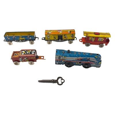 马克思 20 世纪 50 年代迪士尼锡石版发条 5 汽车火车套装带原装钥匙-作品 — 第 1/4 张图片