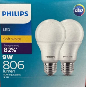 2x Philips 9W LED Bulbs Soft White E27 806 Lumen - Picture 1 of 2