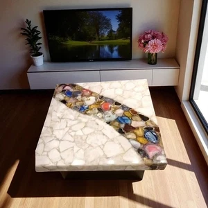 30" Square White Agate Coffee Table with Natural Gemstone Multi Stone Home Decor - Picture 1 of 9