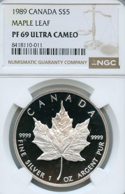 CANADA $5 DOLLAR 1 OUNCE PURE SILVER PROOF MAPLE LEAF 1989 PF-69 UCAM NGC SUPERB - Image 1 of 2