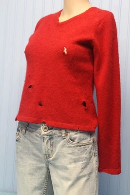 L.L. Bean 100% cashmere bright red v neck "destroyed zombie" pullover sweater S - Image 1 of 3