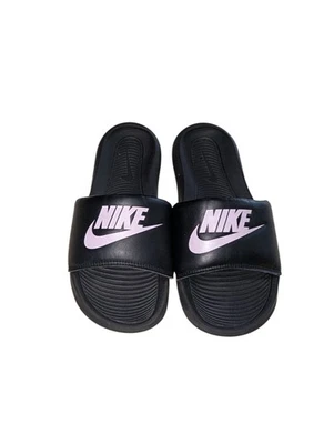 Nike Slides Womens 7 Black Pink Spell Out Logo Swoosh Check CN9677-002 Slippers - Image 1 of 4