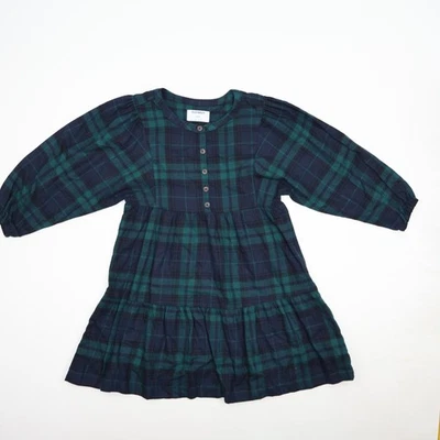 Old Navy 女孩海军蓝和绿色格子法兰绒缩褶长袖连衣裙 L 10/12 — 第 1/4 张图片