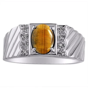 Rylos 14k White Gold Ring Tiger's Eye & Diamond 8X6MM Gemstone Birthstone - Picture 1 of 3