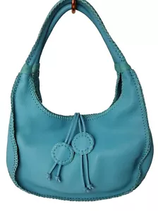 Fatto a Mano By Carlos Falchi Blue Pebbled Leather Stitch Shoulder Hobo Handbag - Picture 1 of 19