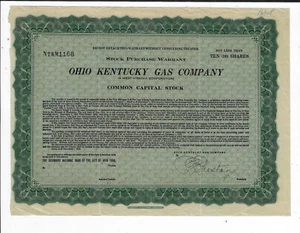 OHIO 1928 Ohio Kentucky Gas Company Warrant Stock Certificate - Picture 1 of 2