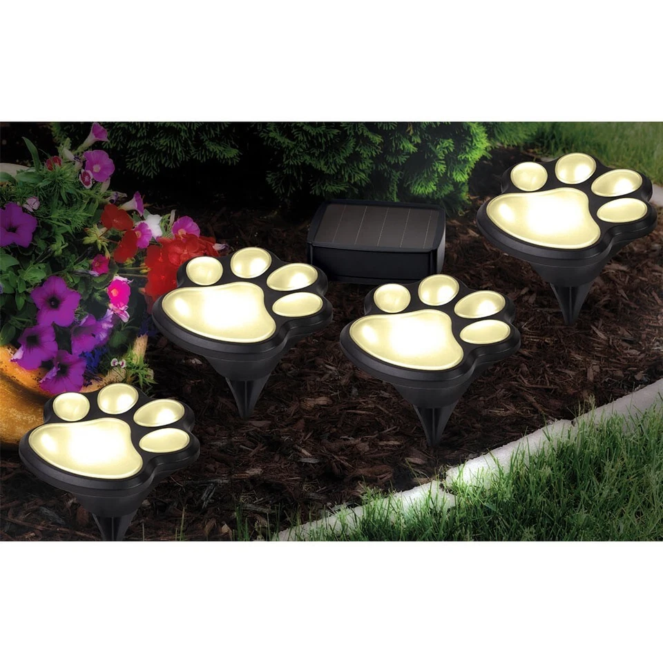 Juego de 4 estacas de jardín LED con estampado de patas de gato/perro alimentadas por energía solar Foto 1 de 1