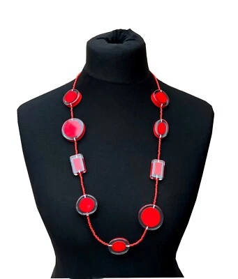 Damen Halskette Modekette retro Perlenkette Collier grosse Perlen rot/kar NEU - Bild 1 von 3