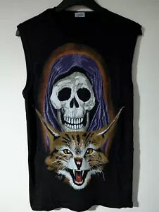 Men's Vintage T-shirt Vest Grim Reaper & Wild Cat DEADSTOCK Size Large Black - Picture 1 of 23