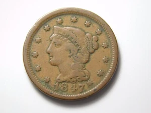 MONEDA ANTIGUA EE. UU. 1847 PELO TRENZADO CENTAVO GRANDE - Imagen 1 de 7