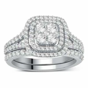 1 CTTW Round Cut Diamond Double Halo Bridal Ring Set Womens Solid 10K White Gold - Picture 1 of 7