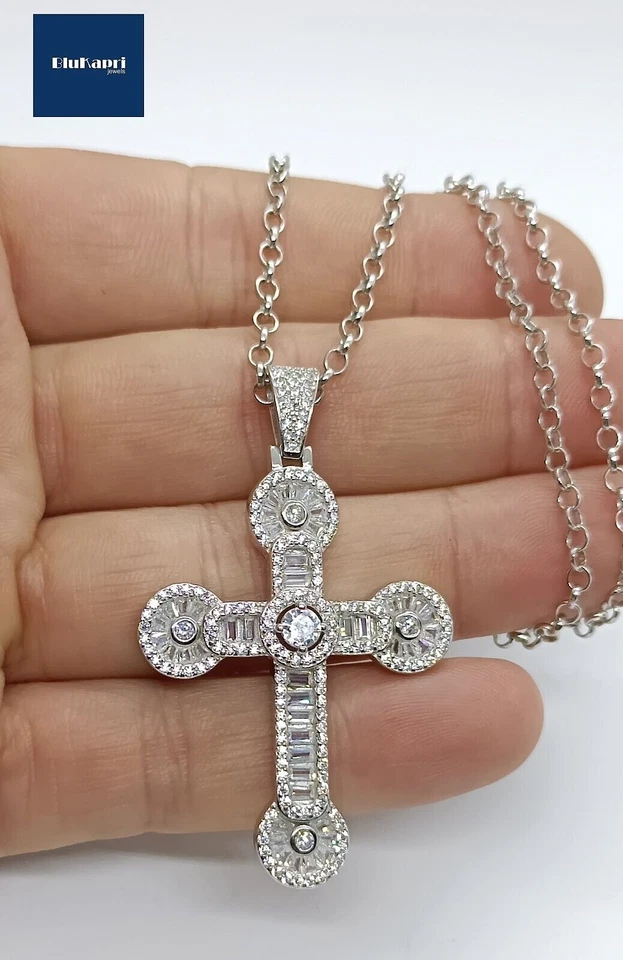 Ciondolo donna Croce gioiello e collana in argento 925 zirconi bianchi luminosi - Immagine 1 di 4