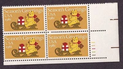Scott #1940 Teddy Bear on Sleigh Plate Block of 4 Stamps - MNH P#11111 LR - Image 1 of 2