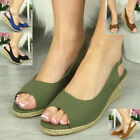 Ladies Hessian Wedges Shoes Womens Peeptoe Slingback Canvas Sandals Comfy Sizes