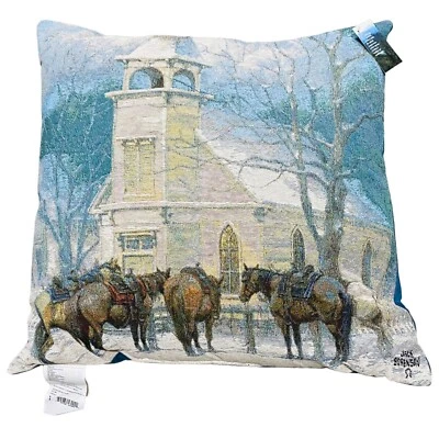 Sunday Social Club Winter Church Scene with Horses 26in Tapestry Square Pillow Foto 1 de 2
