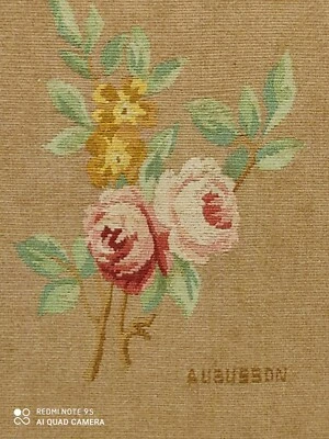 Tableau ancien tapisserie Aubusson décor de fleurs roses - Photo 1/3